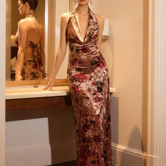 Multicolor Elegant Women's Floral Velvet Party Maxi Dress - Picture 4 of 8